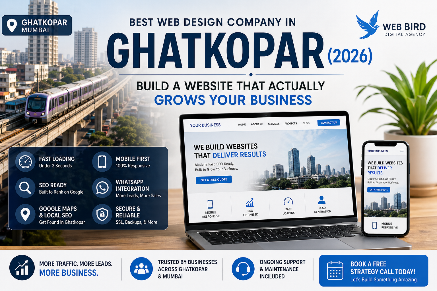 Ghatkopar web design company office workspace with modern UI design screens and website development setup