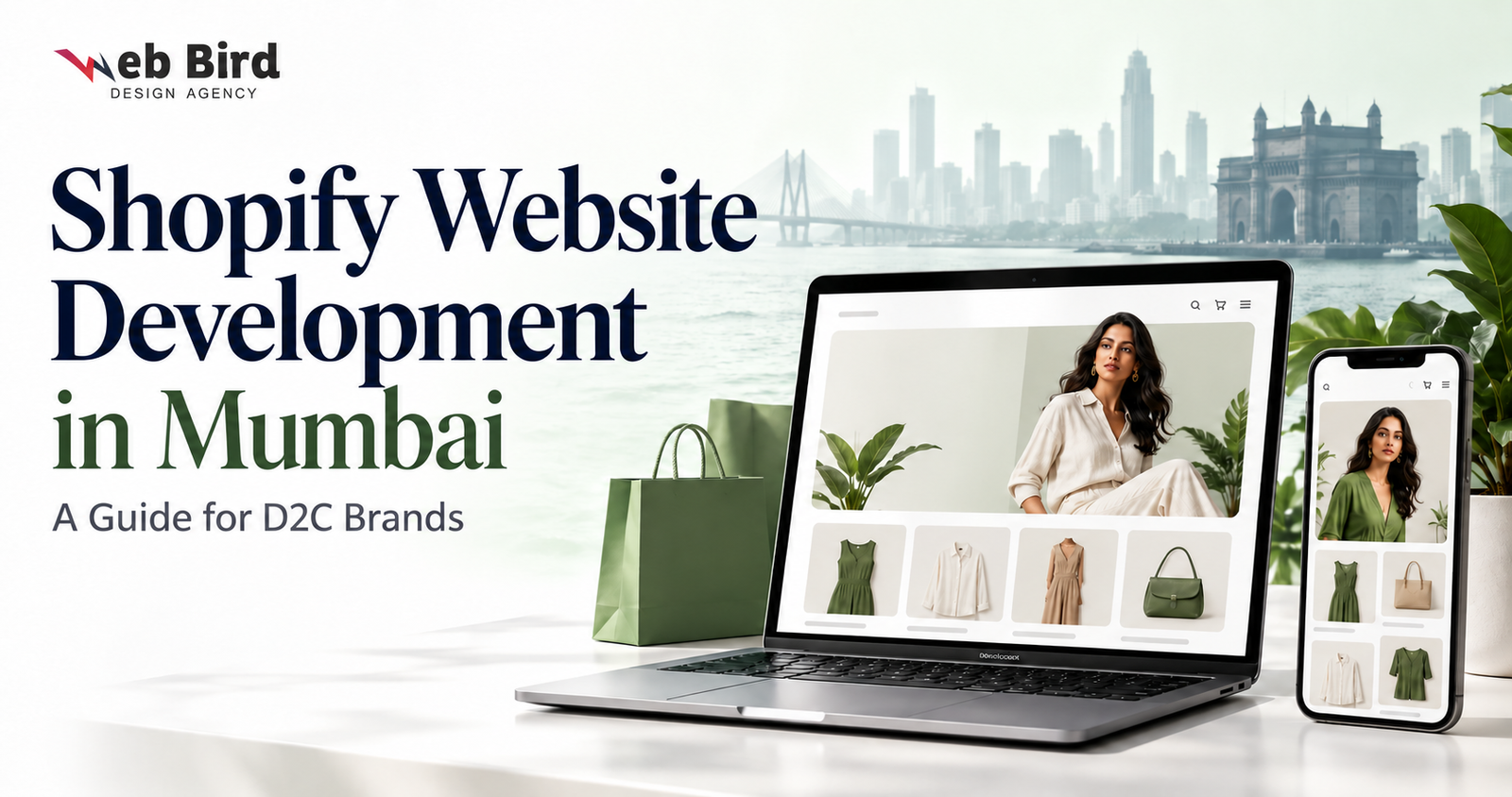 Shopify website development in Mumbai with laptop and mobile storefront mockups by Web Bird