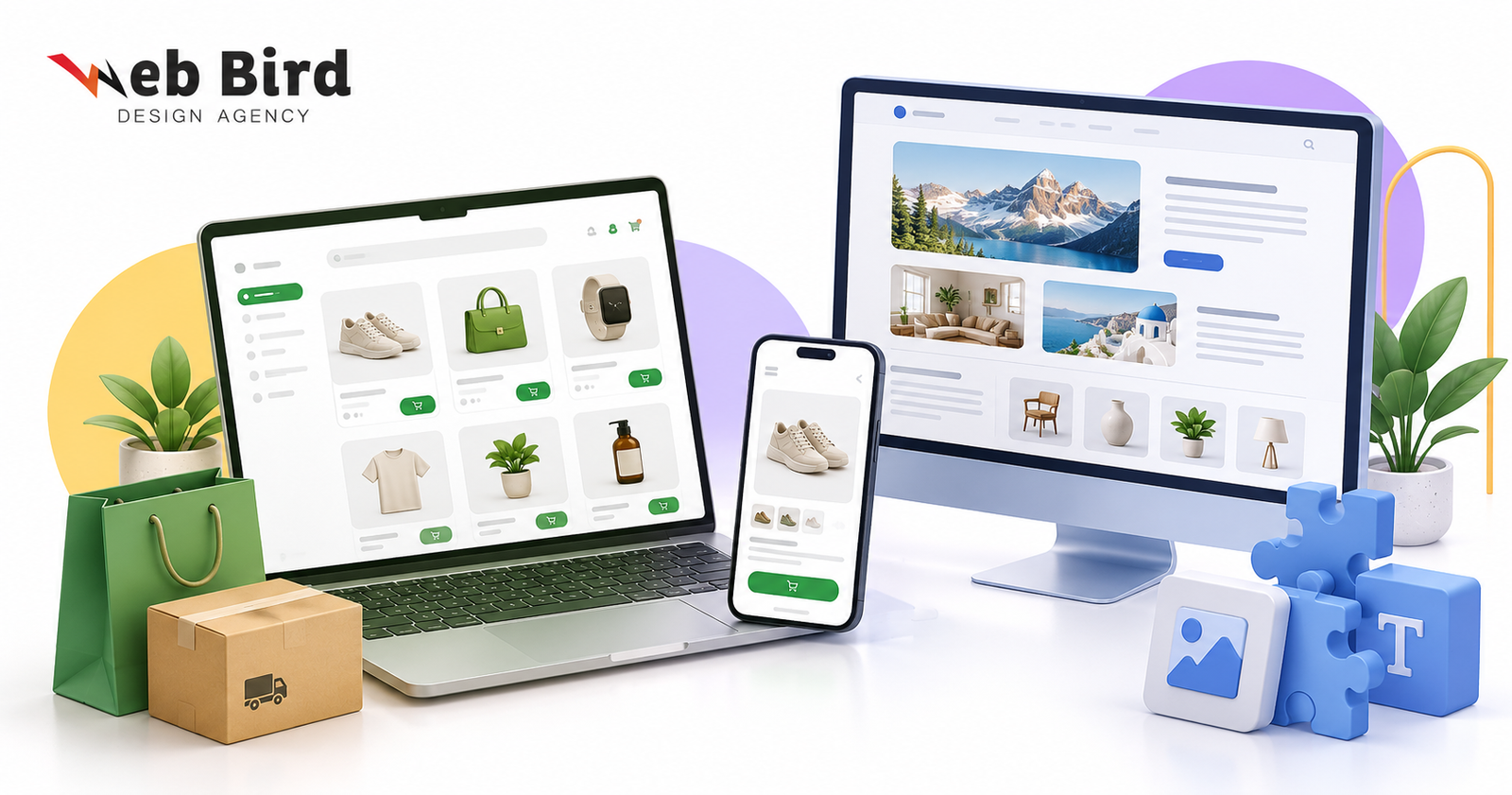 Shopify vs WordPress ecommerce and content website layouts on laptop, desktop and mobile screens