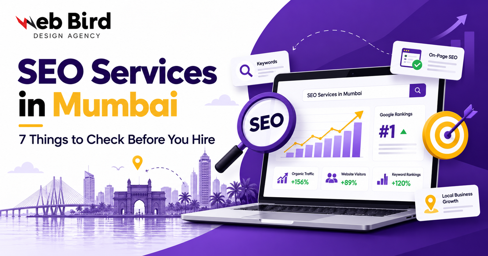 SEO services in Mumbai by Web Bird featuring website optimization, keyword research and SEO analytics